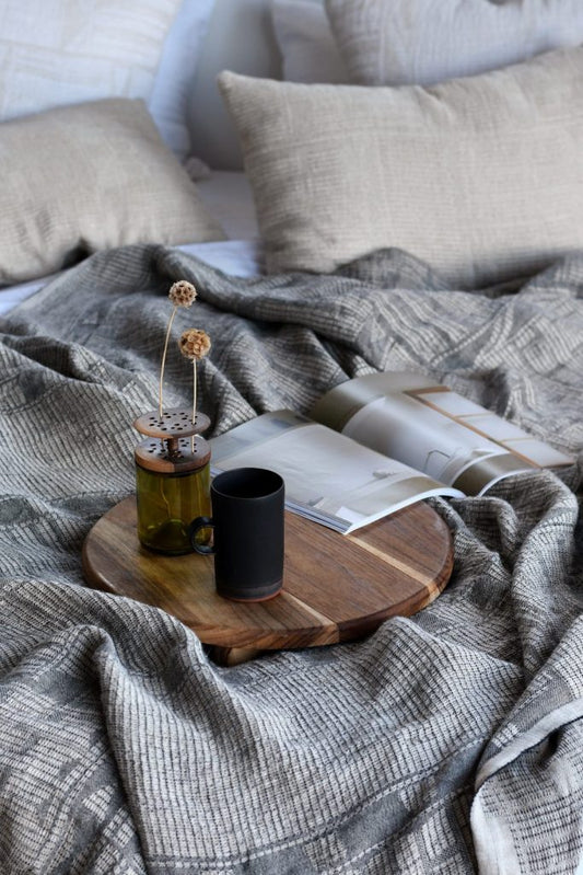 Bed Throw Linen - Charcoal on Natural